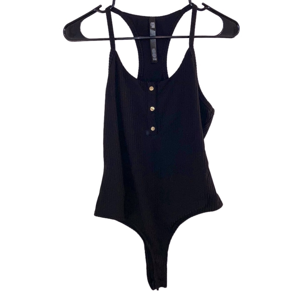 Victoria’s Secret Black Racerback Ribbed Snap Button Front Thong Bodysuit.